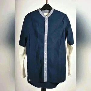 KITH Blue Cotton Mixed Media Jersey Sleeve Baseball Collar Button Shirt  Small